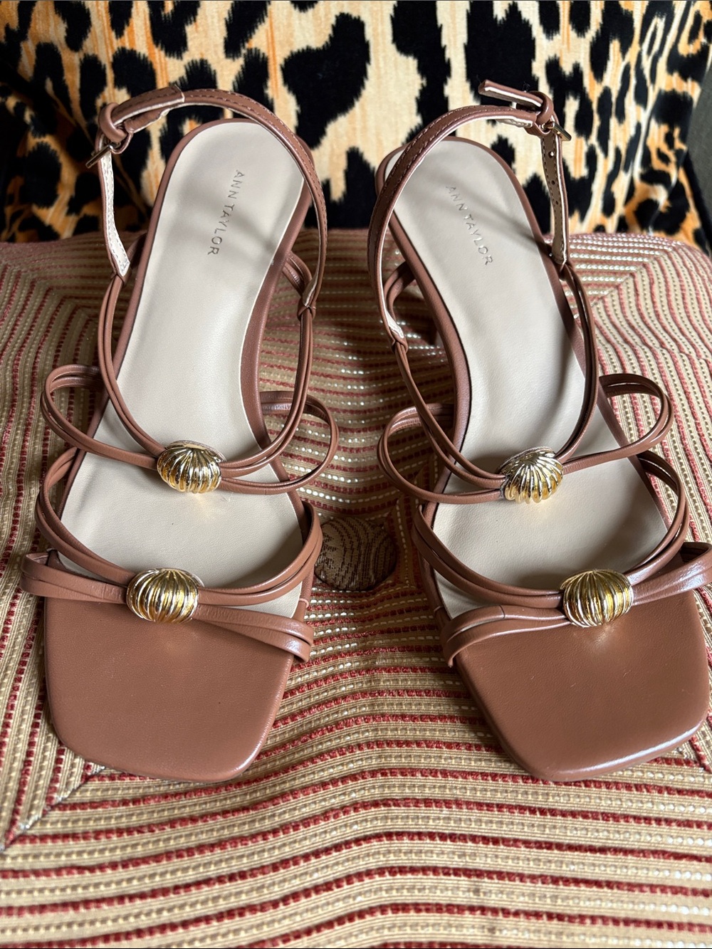 Ann Taylor Brown Strappy Leather Sandals with Gold Accent, 6